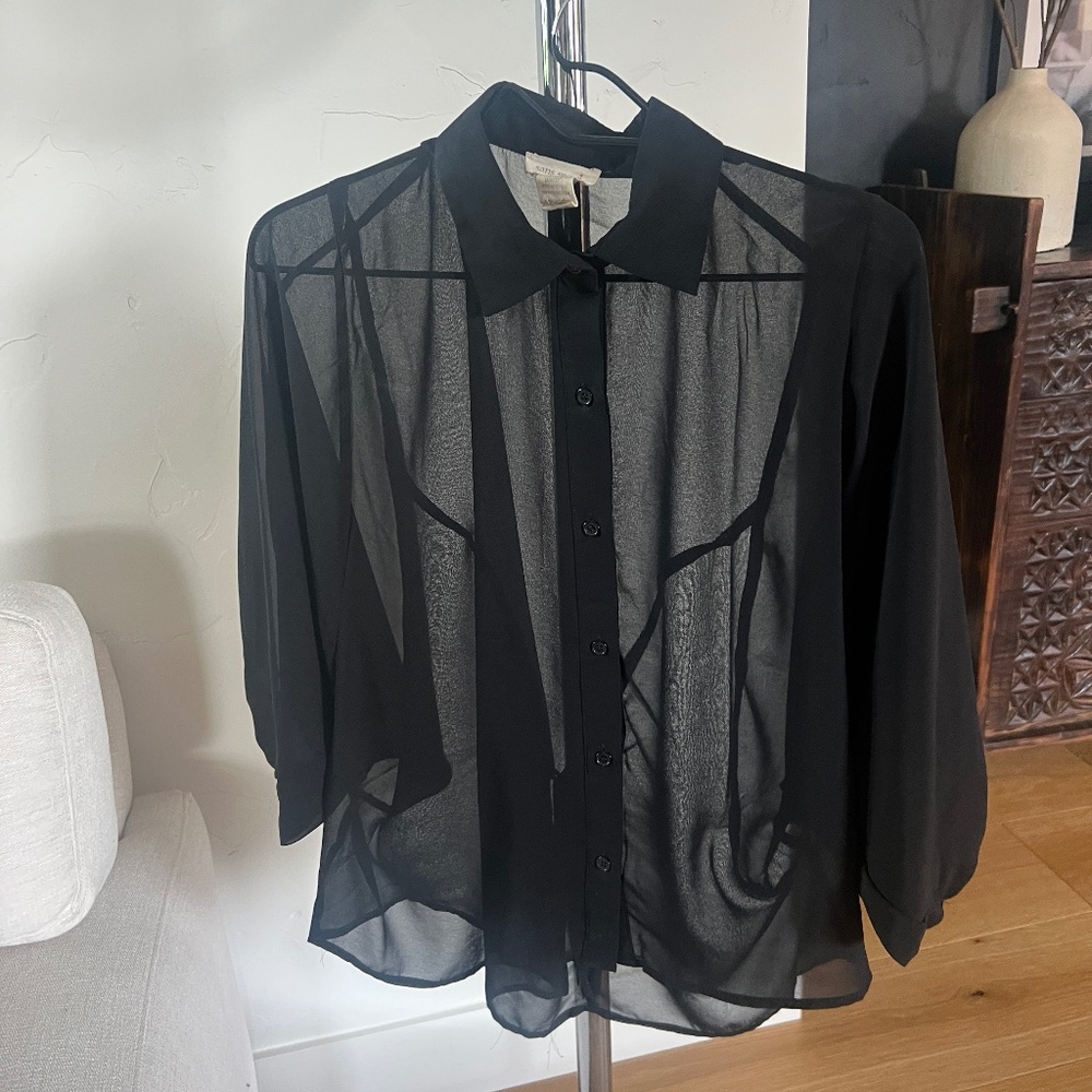 Sans Souci Top/Blouse Black Sheer 3/4 Sleeve Button Up SZ M